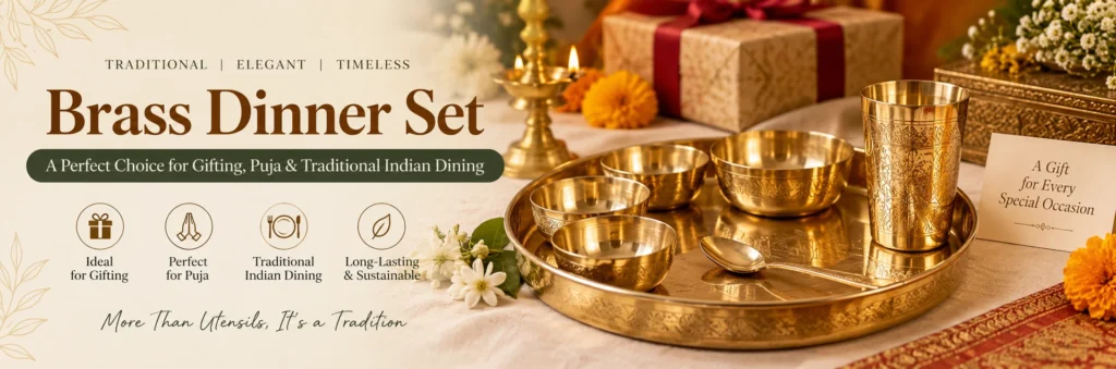 ClayFeast Brass Dinner Set for gifting, puja and traditional Indian dining with brass thali, bowls, glass and spoon
