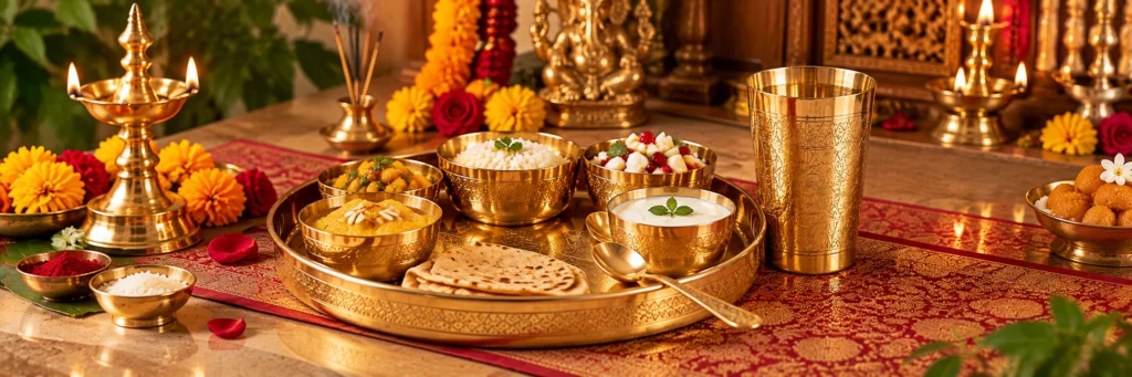 Clayfeast Dinner Set with traditional Indian food, diya and flowers for puja and religious occasions
