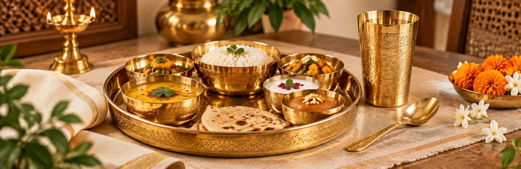 Clay Feast Dinner Set with thali, katoris, glass and spoon serving a traditional Indian meal