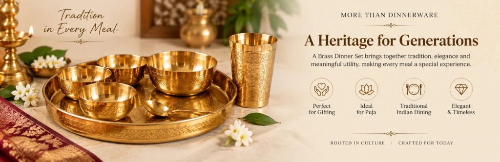 ClayFeast Traditional Brass Dinner Set with thali, bowls, glass and spoon for gifting, puja and Indian dining