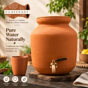 CLAYFEAST 8 litre natural clay water dispenser with tap and lid