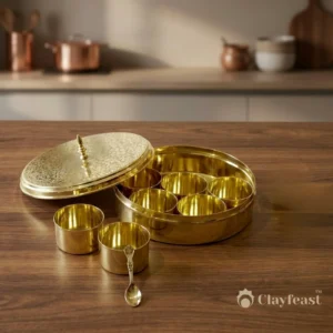 CLAYFEAST AARVIKA brass spice box with six compartments and decorative lid
