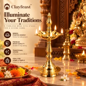 CLAYFEAST TEJVARA traditional brass oil lamp with decorative petal-shaped bowl and tall stem.
