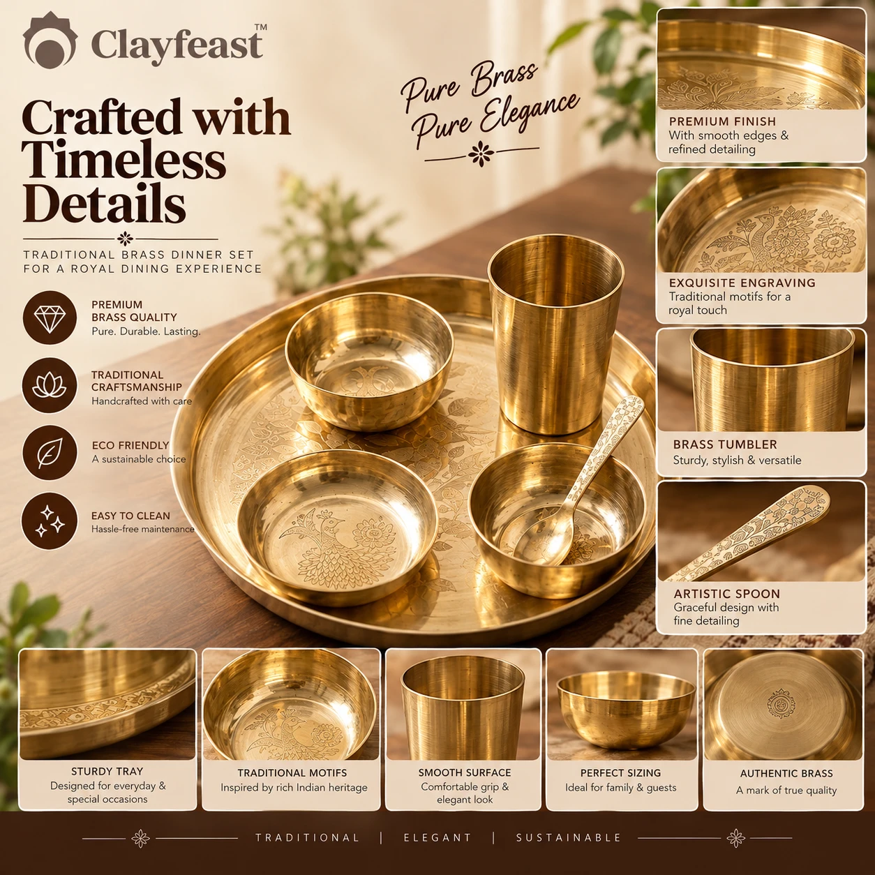 CLAYFEAST VASUNDHARA™ — Royal Brass Dinner Set - Image 2