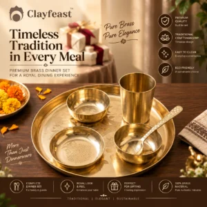 CLAYFEAST VASUNDHARA royal brass dinner set with tray bowls glass and spoon