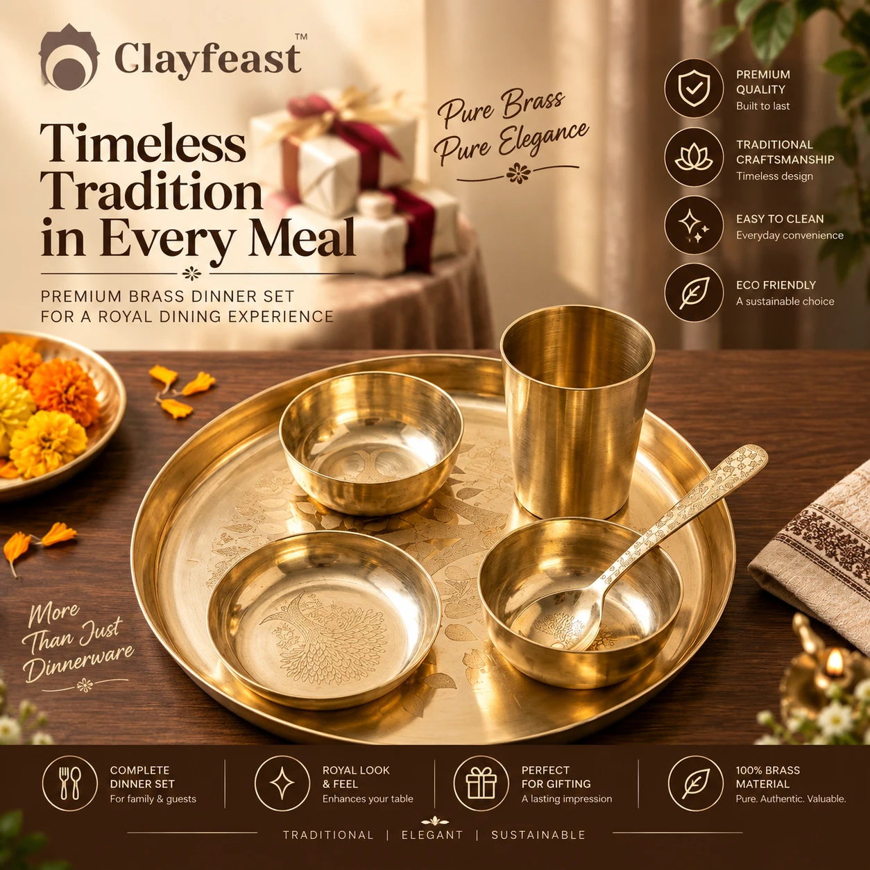 CLAYFEAST VASUNDHARA royal brass dinner set with tray bowls glass and spoon